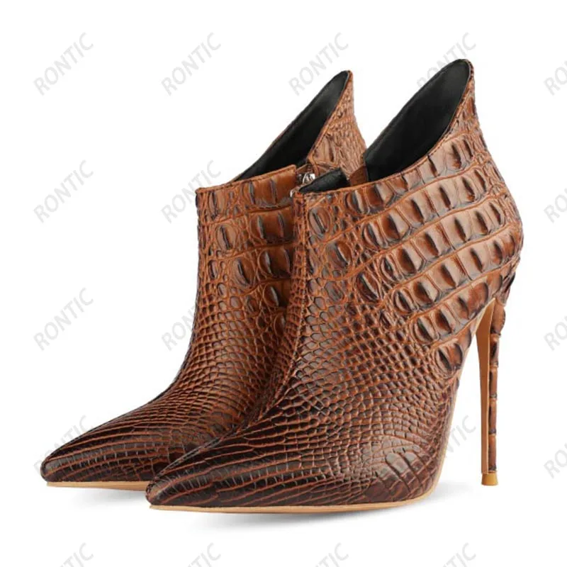 Ahhlsion Women Winter Ankle Boots Crocodile Pattern Stiletto Heels Pointed Toe Pretty Purple Beige Shoes US Plus Size 4-13