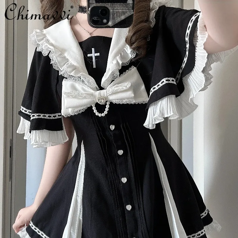 Japanse stijl Mine-serie jurkset Subcultuur korte mouw Cape slanke jurk Top en shorts Tweedelige Lolita-set voor dames