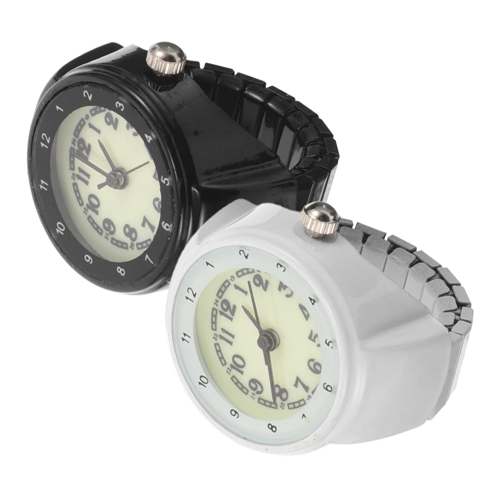 

2Pcs Unisex Mini Ring Luminous Finger Watch Retro Style Stainless Steel Stretch Band Analog Arabic Numerals