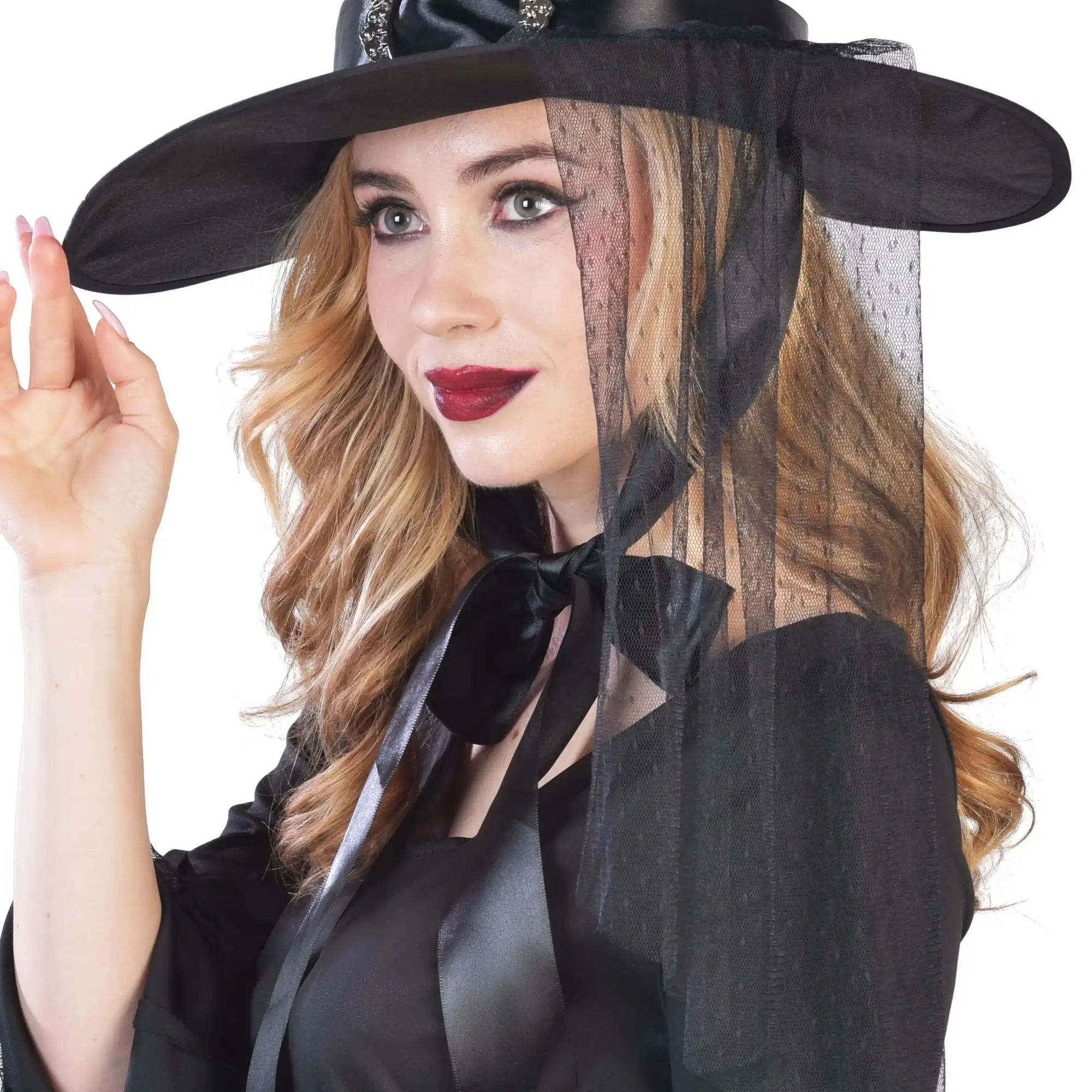หมวกแม่มดแบบกอธิคสีดำประดับลวดลาย ขนาด 16 นิ้ว - อุปกรณ์เสริมชุดฮาโลวีนสำหรับผู้ใหญ่ พร้อมปีกหมวกขนาด 16 นิ้วสำหรับคอสเพลย์