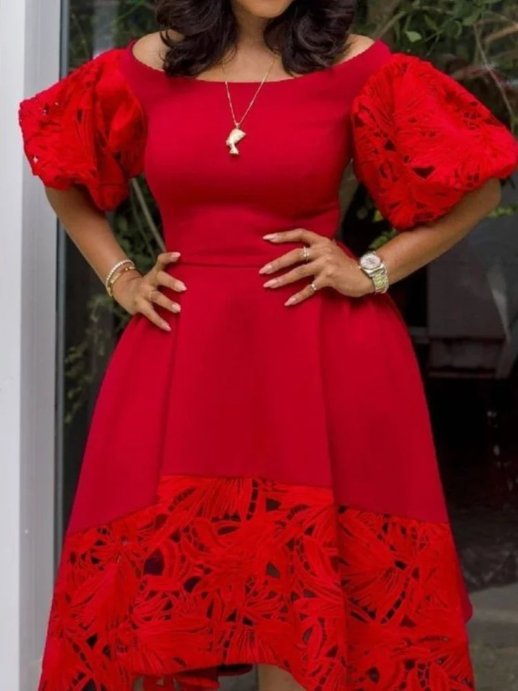 

Women Red Dress Off Shoulder Lace Hollow Out Patchwork A Line Pleat Elegant Party Large Size Lady Female Homecoming Robes Gowns