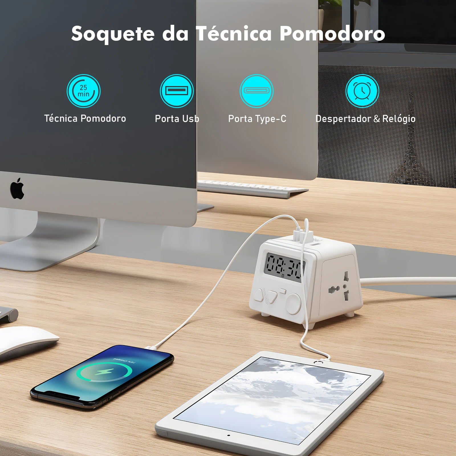 Despertador Multifuncional com Tomada no Padrão Brasileiro - Entradas USB e Type-C, Temporizador para Técnica Pomodoro, Coibeu