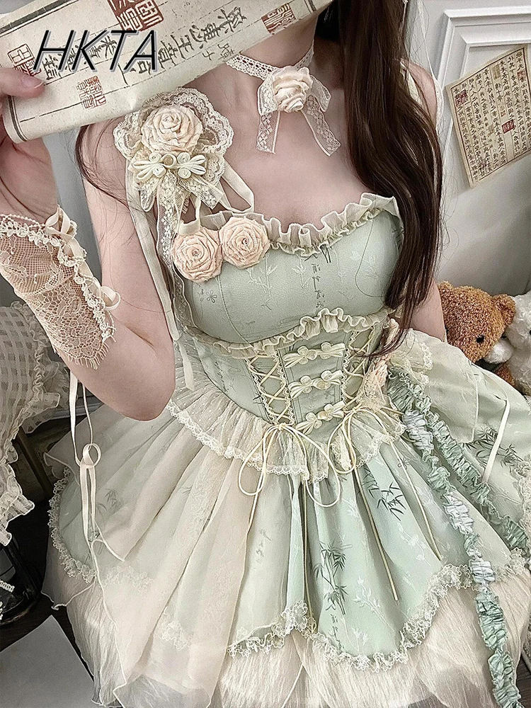 Grün Bambus Blatt Druck Neue Chinesische Ballett Elegante Fee Lolita Kleid Frauen Sommer Süße Prinzessin Geburtstag Kuchen Kleid Mädchen