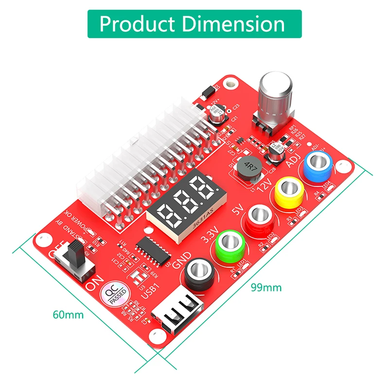 ATX Power Supply Splitter, Breakout Board, Módulo Adaptador, Display LED, Acrílico Case Kit, Botão de tensão ADJ, Reset Proteção, 24Pin, Novo