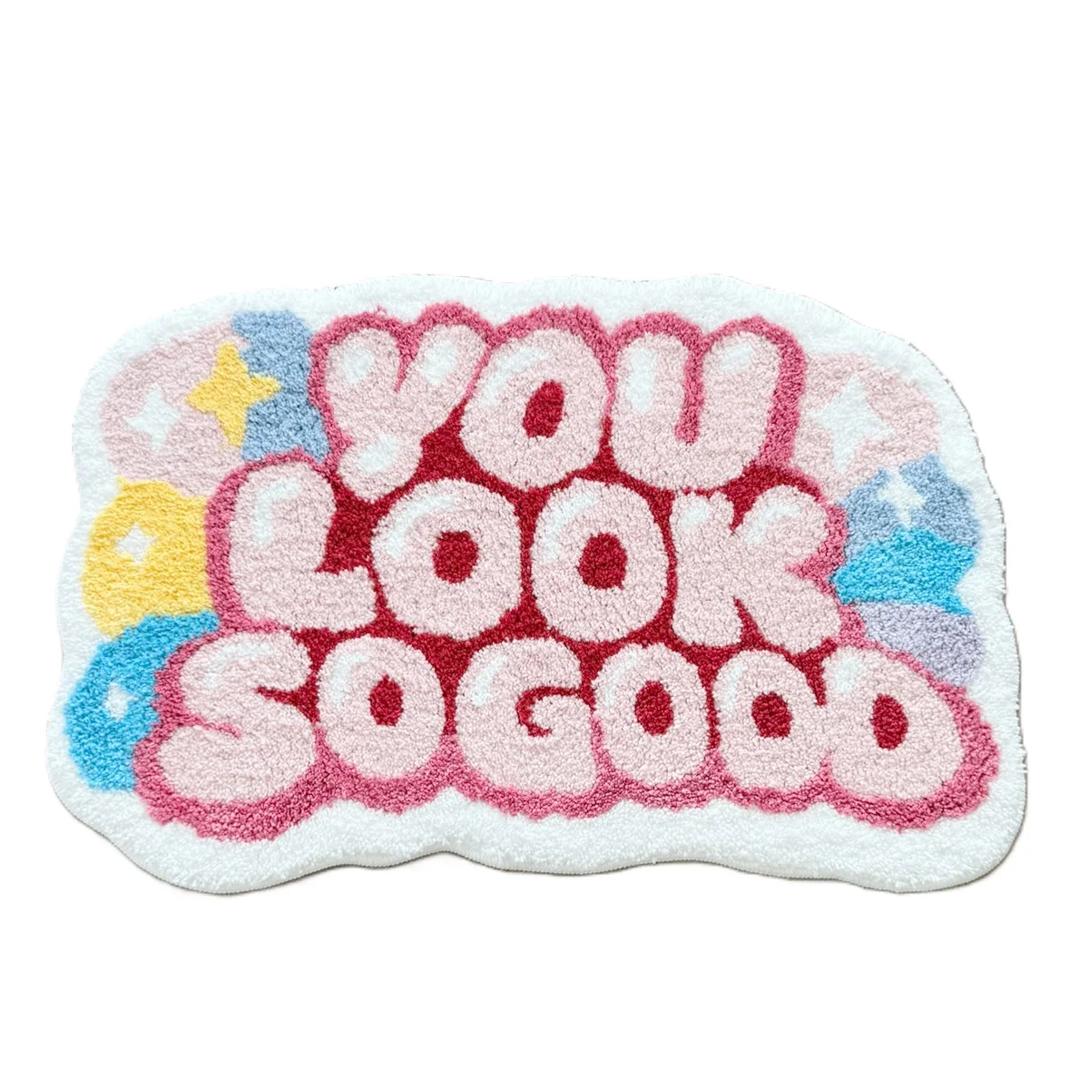 Cute Bubble Letter YOU LOOK SO GOOD Tufted Rug Colorful Star Wavy Shaped Fluffy Anti Slip Floor Mat Y2K Kawaii Bedroom Vanity De