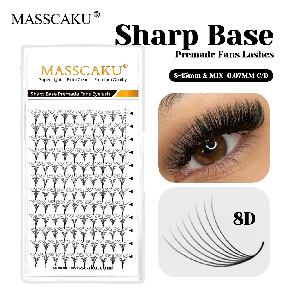 MASSCAKU 0.07mm Thickness Multi-texture 6D Narrow Root Thin Stem Lashes Faux Mink Sharp Base Premade Fans Lash for Beauty Salon