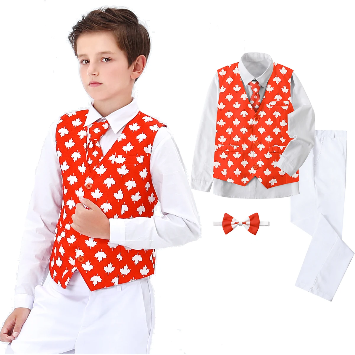 

Boy Suit for Kids Canada Flag Children 1st July Patriotic White Maple Leaf Printed Formal Dress Shirts Vest Pants Clothing Set