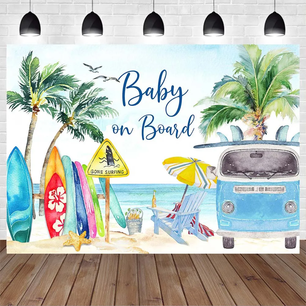 Mocsicka ฤดูร้อน Beach ฉากหลังกระดานโต้คลื่น Van Palm Tree Holiday Seaside ถ่ายภาพพื้นหลังภาพเด็กทารก Photocall Photobooth