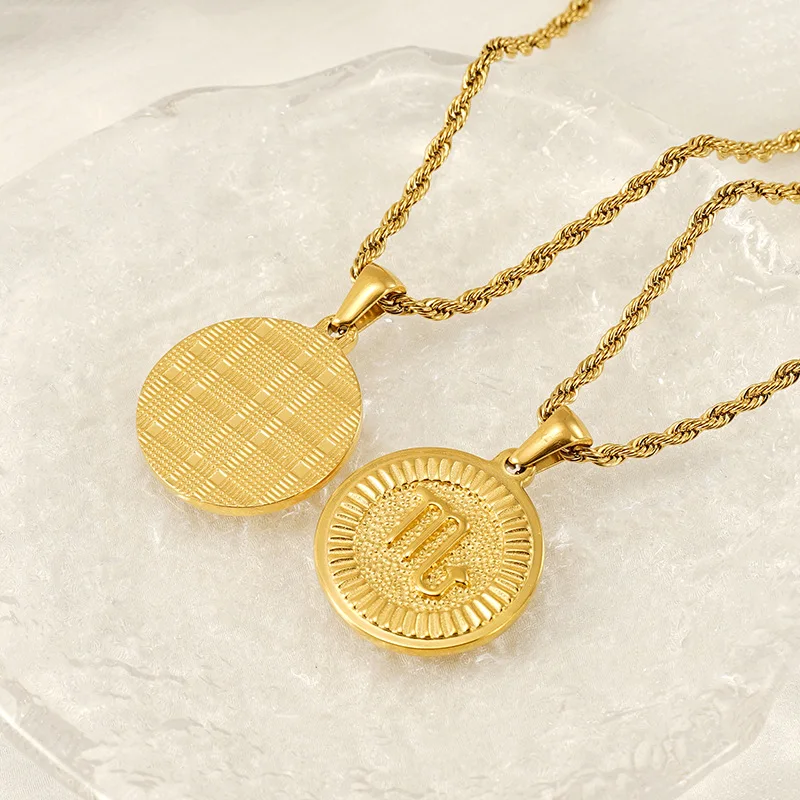 zodiac coin necklace 12 Zodiac Constellation Stainless Steel Necklace for Women Golden Amulet Vintage Plated Round Coin Pendant