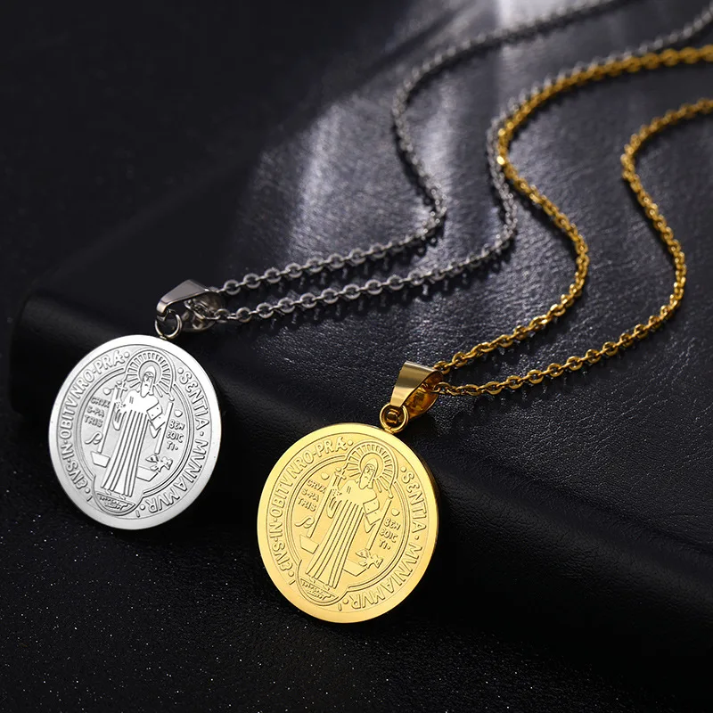 Religious San Benito Medal Pendant Stainless Steel Chain Silver Color Cross Jesus Saint Benedict Necklaces for Women Men Jewelry