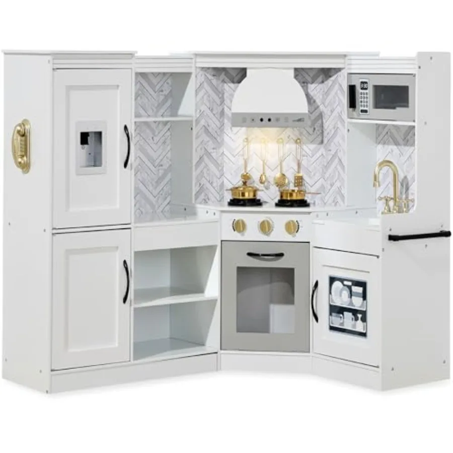 

Pretend Play Corner Kitchen for kids, wooden, white, ultimate interactive with lights, sounds, ice maker, and hood