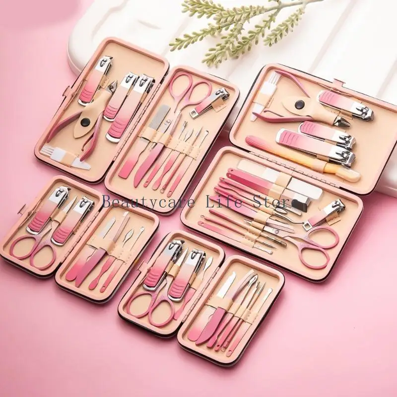 

652C 7/10/13/19 шт. профессиональные наборы для педикюра из нержавеющей стали, инструмент для стрижки ногтей, дорожный футляр, и