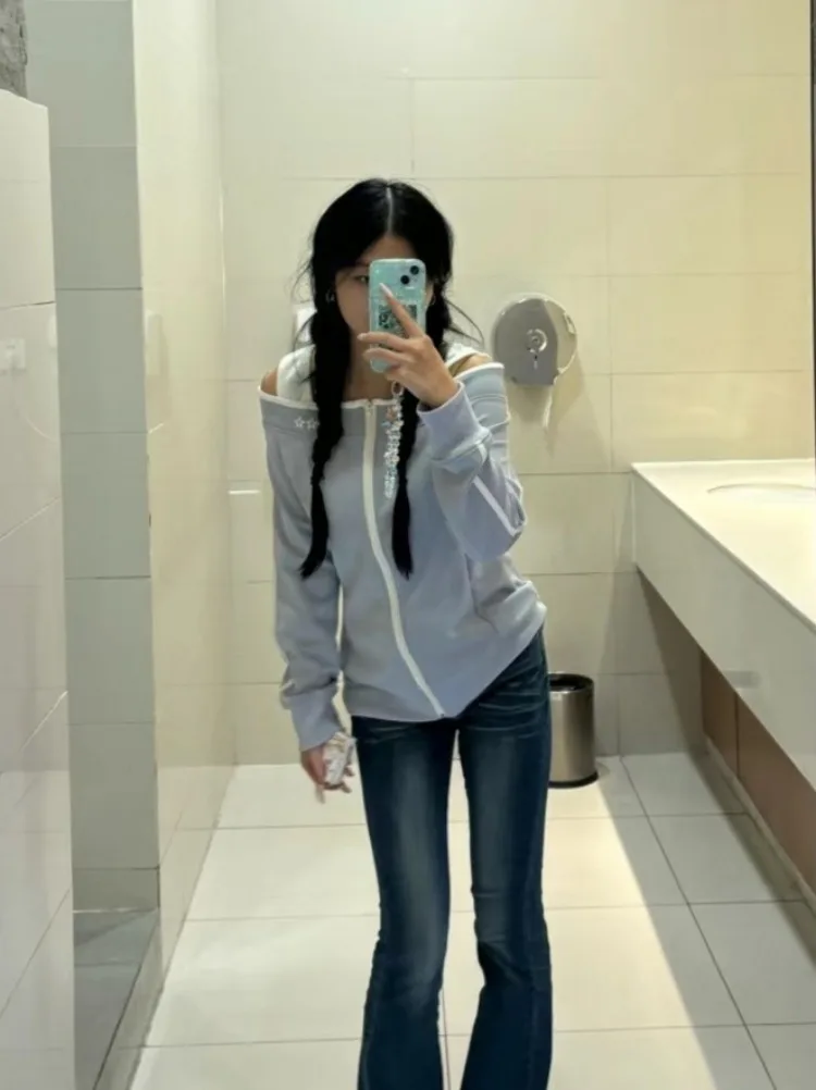 وهمية قطعتين Y2k الجمالية خمر هوديس مائل الرقبة عادية الجرونج سليم صالح الستر الخريف المرأة سستة المرقعة البلوز