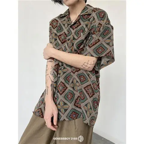 Mid-length large size loose couple summer niche flower pattern Japanese-style short-sleeved floral shirt men and women shirt y2k