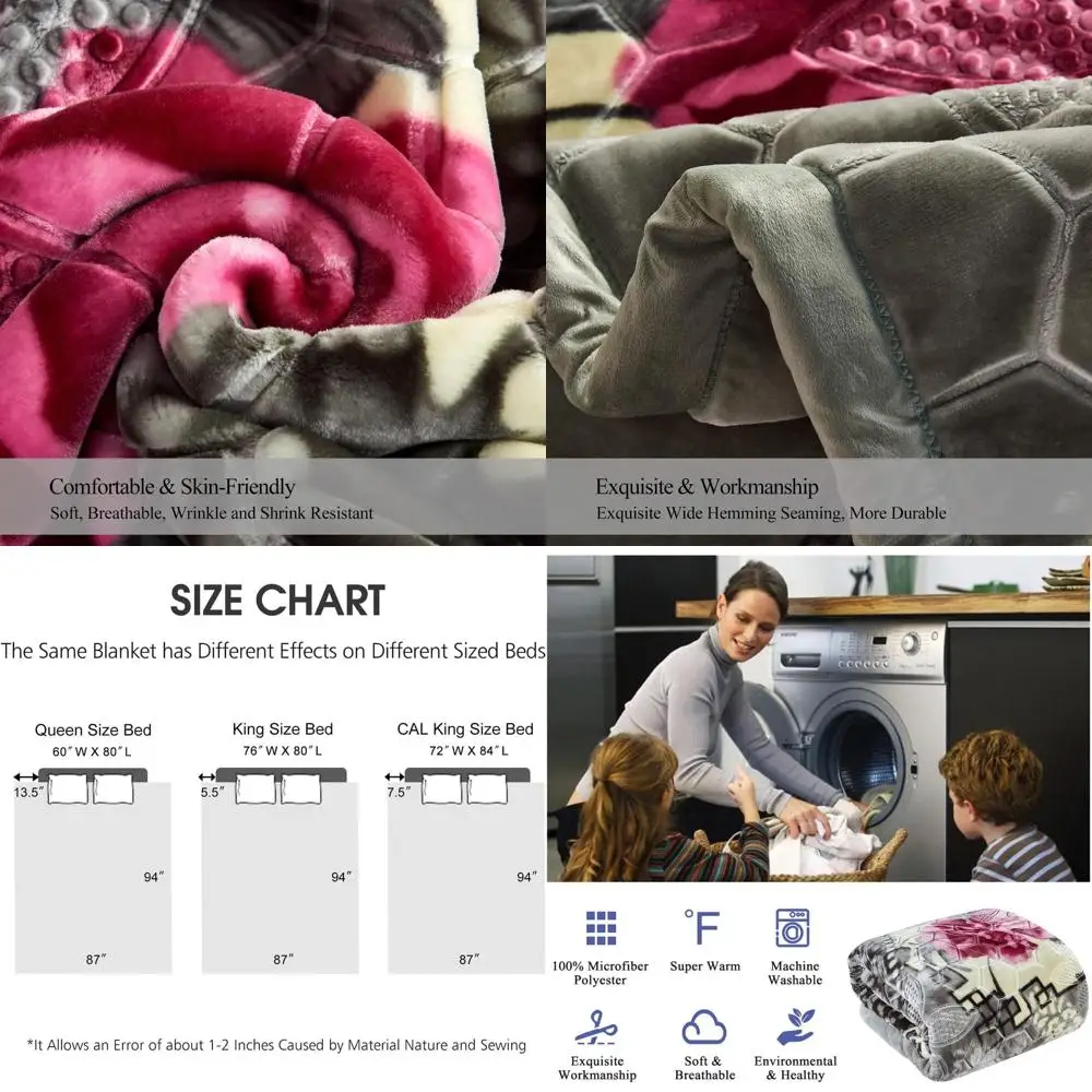 

Флисовое одеяло Raschel King Size, очень мягкое и уютное, 87 x 94, 10,5 фунтов, толстое теплое постельное белье Minky, 2-слойный цветочный принт, серый Gre