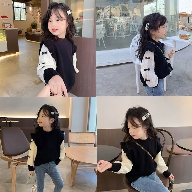 Kids Girls Spring Autumn Sweatshirts Black Beige Stitching Two-fake Tops Korean Style 2024 New Fashion Children Cute Sweatshirts