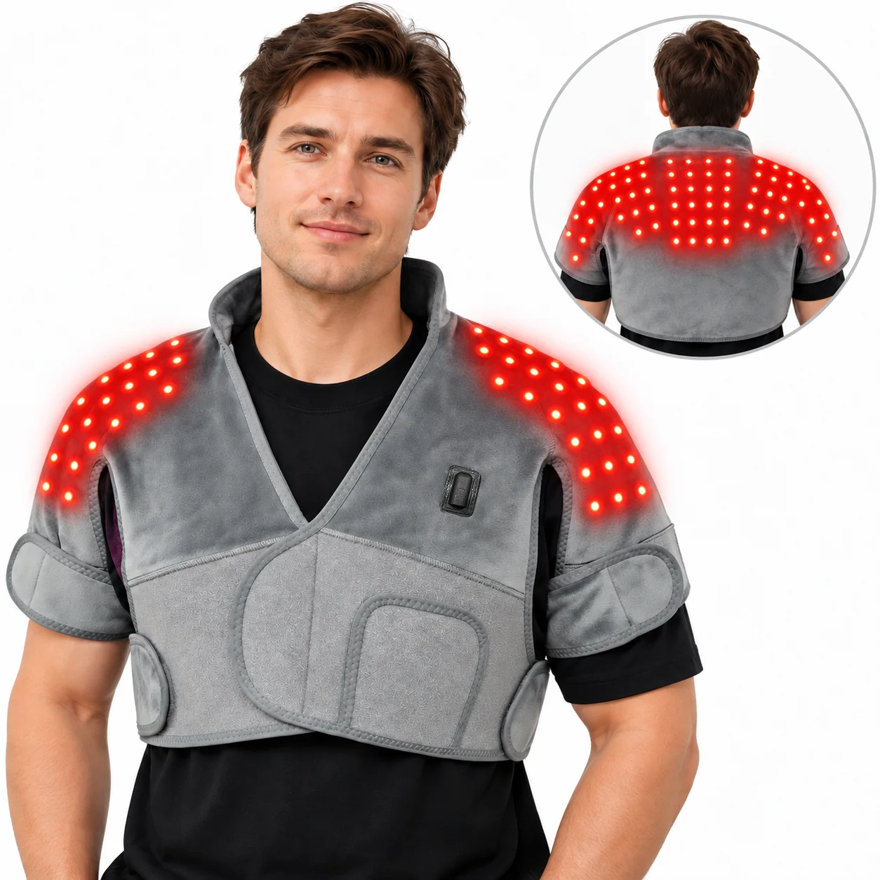 Red Light Shoulder Heating Pad with Massage for Neck and Upper Back Plug in 3 Heat Levels Timer Soft Adjustable Wearable Wrap
