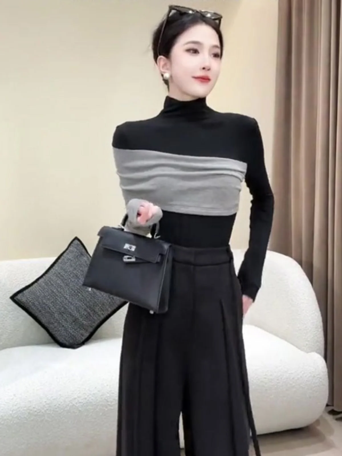 Women's Slim Fit Long Sleeve T-Shirt Fleece Lined Half High Collar Base Layer Shirt Color Block Splice Autumn Winter Inner Wear