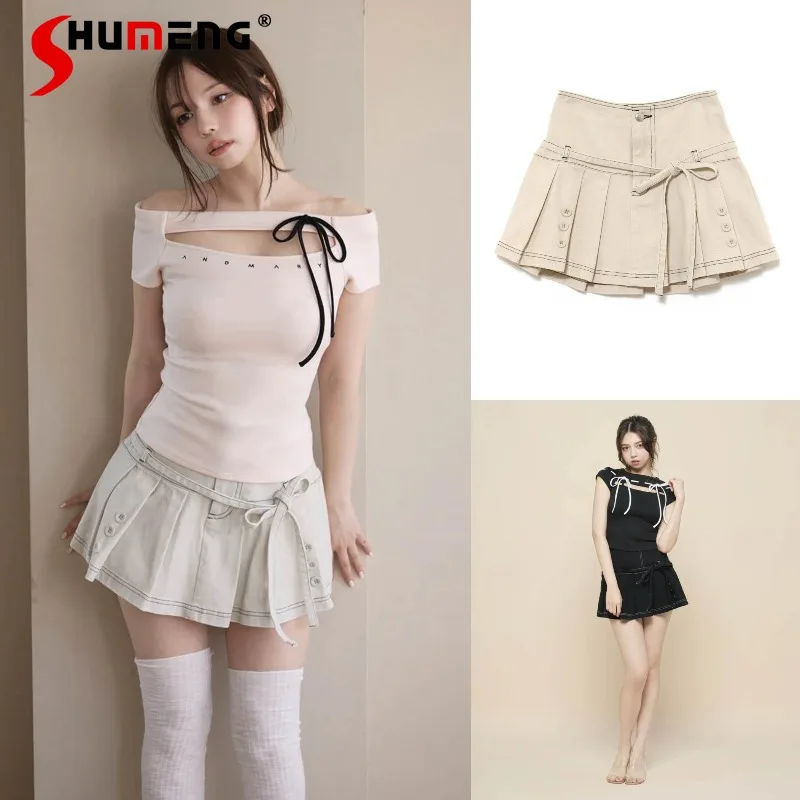 

Summer New Sweet Cute Japanese Rojita Bow Strap Denim Skirt Daily Wear Y2k Short High-waisted A-line Skirts For Women's Clothing
