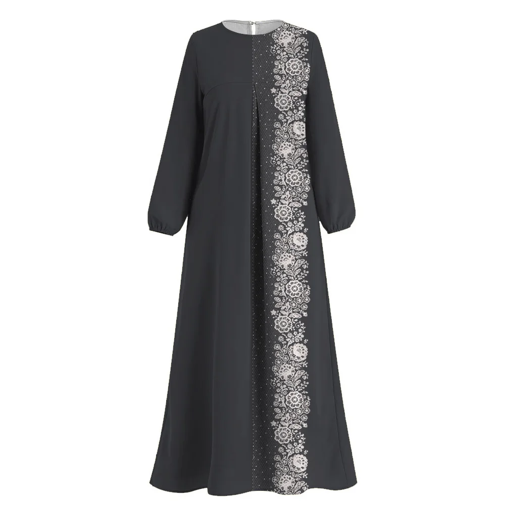 Muzułmańska islamska Femme Casual Abaya Dubai Turcja Odzież Koronkowy nadruk Długi rękaw Kaftan O-neck Lantern Rękawy Muzułmańska sukienka Abaya