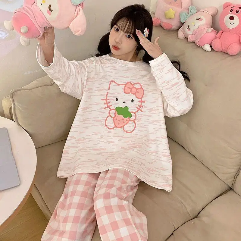 Sanrio Suitable for Outdoor Wear Long Sleeved Cartoon Japanese 2025 New Style Hello Kitty Summer Home Suit Set Pants Sets Pant