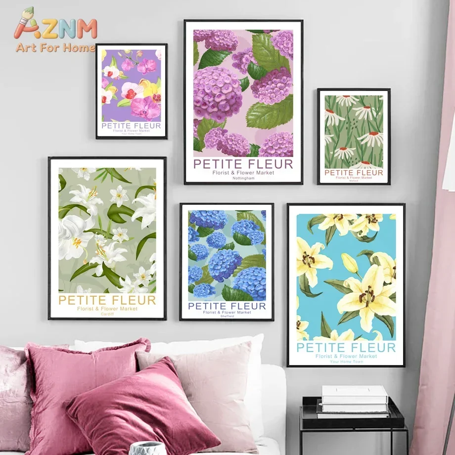 AZNM Petite Fleur - Impresión en lienzo sin marco con diseño floral, arte de pared con flores coloridas de hortensia, lirio y margarita, decoración vintage para floristería