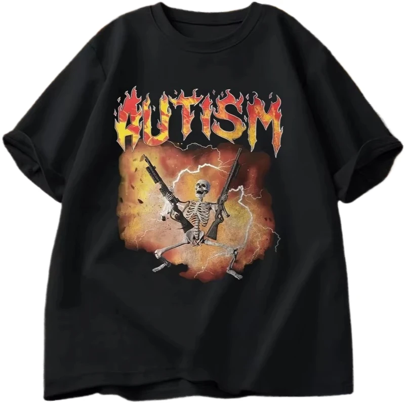 

Women Harajuku Fashion Cotton T-Shirt Unisex Streetwear Summer hipop tee Funny Autistic Skeleton T-Shirt Men Autism Meme T Shirt