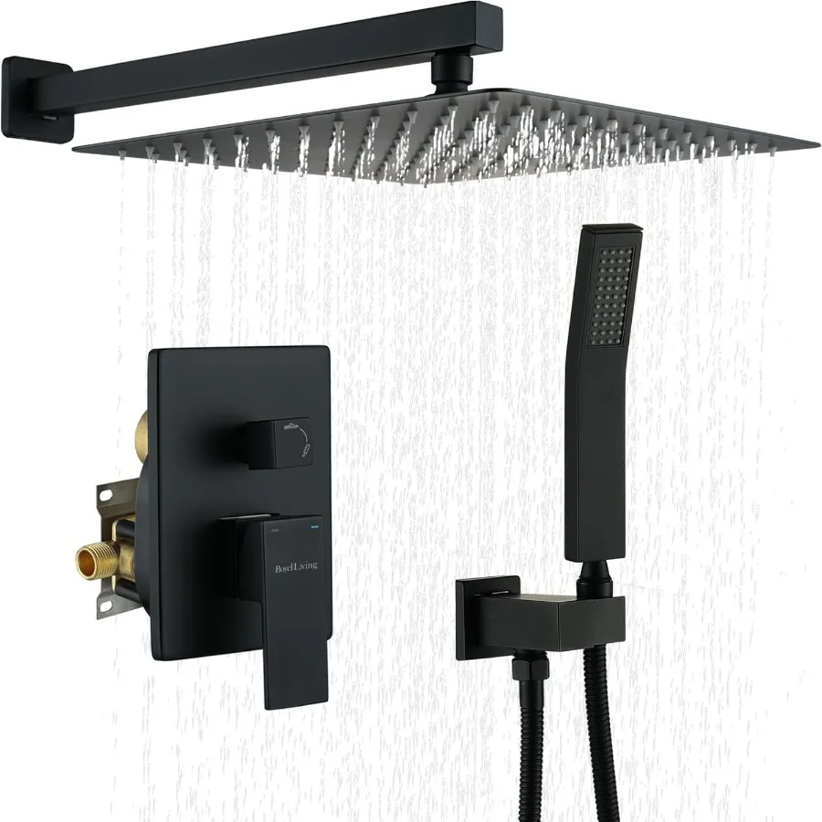 

Роскошная душевая система для ванной комнаты, 12-дюймовая душевая насадка с дождевой насадкой, смеситель для душа с дождевой насадкой высокого давления в матовом черном цвете Showe