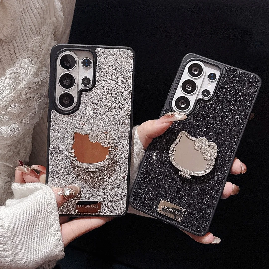 Glitter Diamond Rhinestones Makeup Mirror Stand Sanrio 3D Bow Hellokitty Case For Samsung Galaxy S26Ultra S25 S24 S23 Plus Cover
