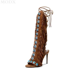 Faux Suede Rome Glaldiator Sandals Tassel Design Cross Tied Sexy Stiletto Open Toe Knee High Boots Lady Nightclubs High Heels