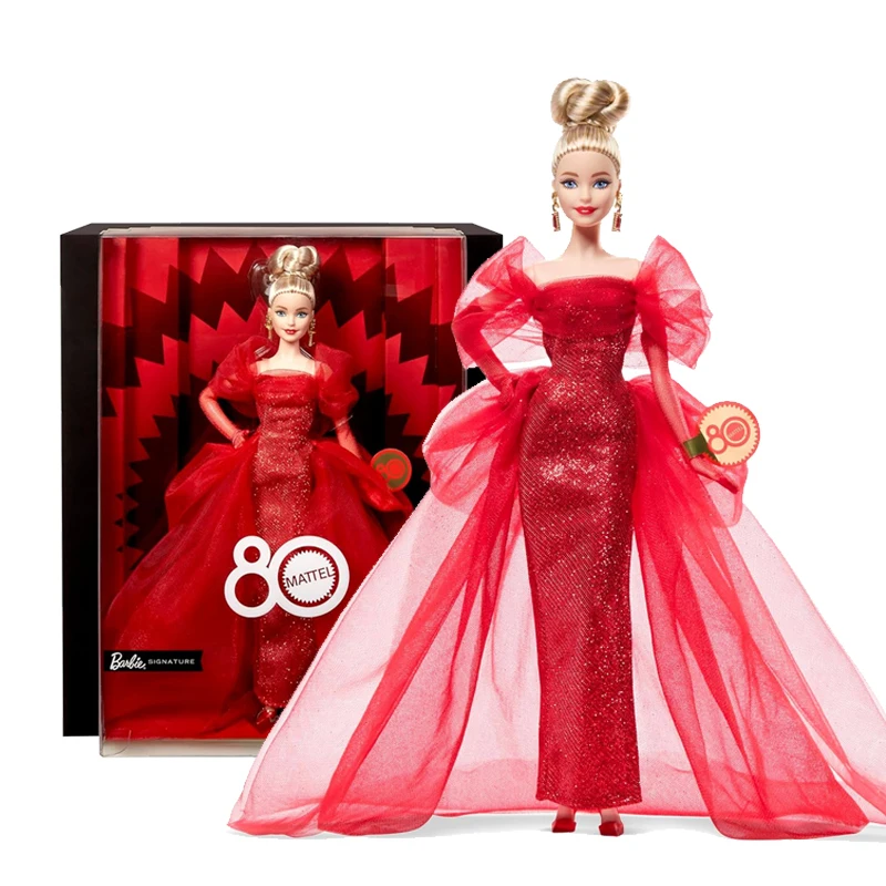Muñeca Barbie Signature original de Mattel, vestido rojo brillante del 80 aniversario, pendientes, guantes, accesorios, rubia, juguetes coleccionables 1/6
