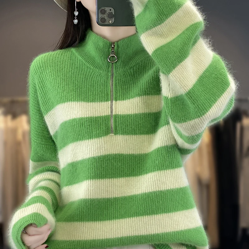 Spring Autumn New Women Half High Neck Pullover 100% Mink Cashmere Knitted Striped Top Casual Loose Fashion Korean Sweater