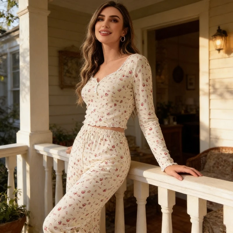 

Leisure Floral Pajama Set with Spring and Autumn Long Sleeves and Pants Worn Outside Fashionable and Comfortable Home Clothes