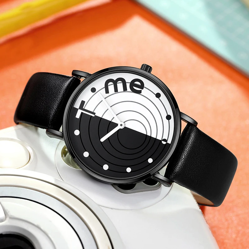 Women's Fashion Creative Quartz Wristwatch with Leather Strap Waterproof Niche Ultra Thin Round Alloy Case Watch