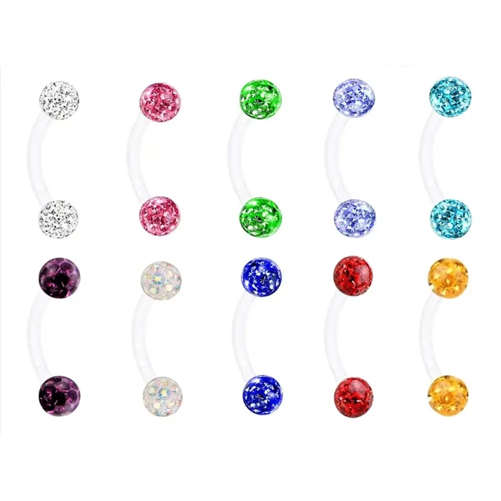 Coated Crystal Silicone 16g 1.2mm Eyebrow Ring Flexible Bioflex 6/8/10/12mm Bar Monroe Lip Curved Barbell Piercing