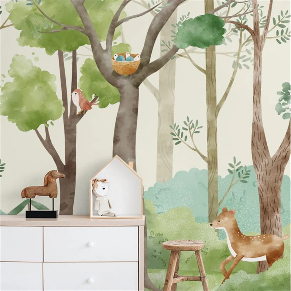 Custom Nordic Watercolor Forest Plants Cartoon Animals Wallpaper for Children\'s Room Boys wallpapers home decor wall decorations