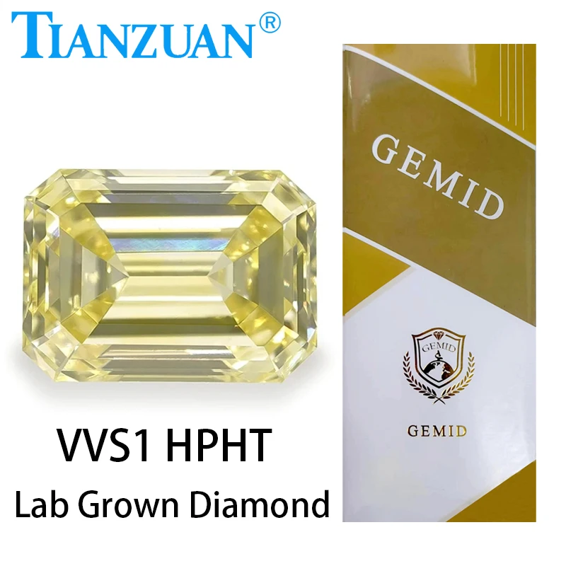 

Lab Grown Diamond HPHT Emerald Cut Fancy Intense Yellow Color VVS1 2EX Loose Gemstone Bead with GEMID Certified