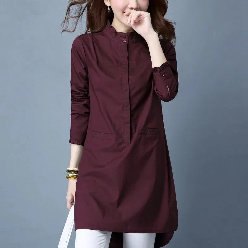 Stand Collar Shirts Dress Women\'s Cotton Spring Long Sleeved Blouse New Female Korean Fungus Edge Mid-length Pullover Top