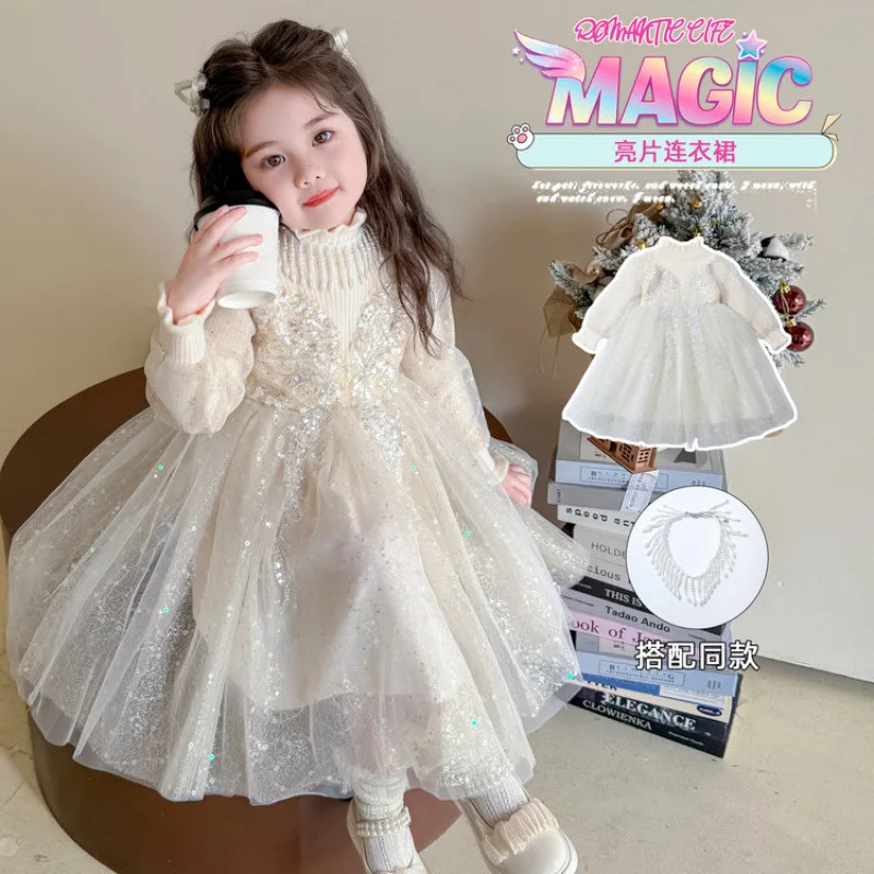 

Girls' Stylish Spring and Autumn Long Sleeve Dress Baby New Knitted Sweater Dress Early Autumn Outfit