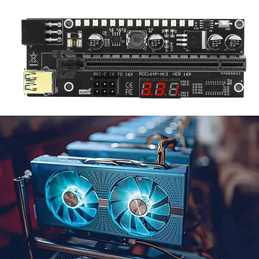 PCIE ライザー 1X から 16X グラフィック拡張カード、3.3V デジタルメーターディスプレイと BTC マイニング POS 用の 3528 カラフルな LED 付き