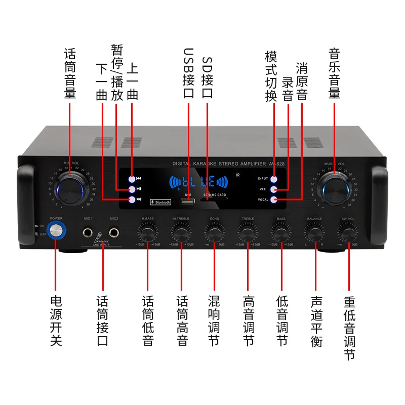 Amplificador de Audio estéreo de alta gama con sonido de teatro inteligente de alta calidad con dispositivo amplificador de música para el hogar USB de diente azul