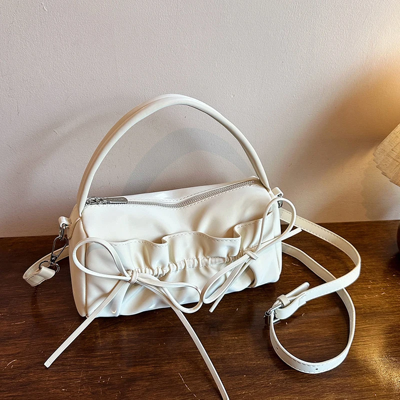 Schicke Umhängetasche mit Schleife und plissiertem Kordelzug, zylindrische Handtasche, Damen-Kissentasche mit abnehmbarem Riemen, Reißverschluss oben – Detail 14