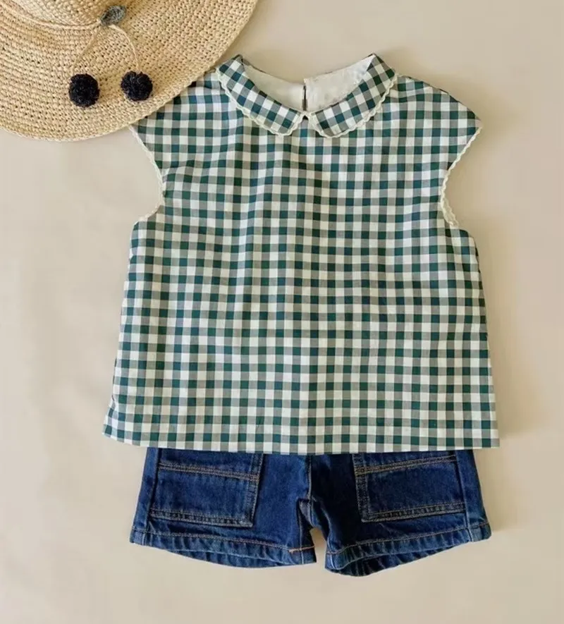 

Детская одежда для девочек, топы для малышей, жилетки для девочек во французском стиле, милый топ без рукавов с кукольным вырезом в зеленую клетку для девочек
