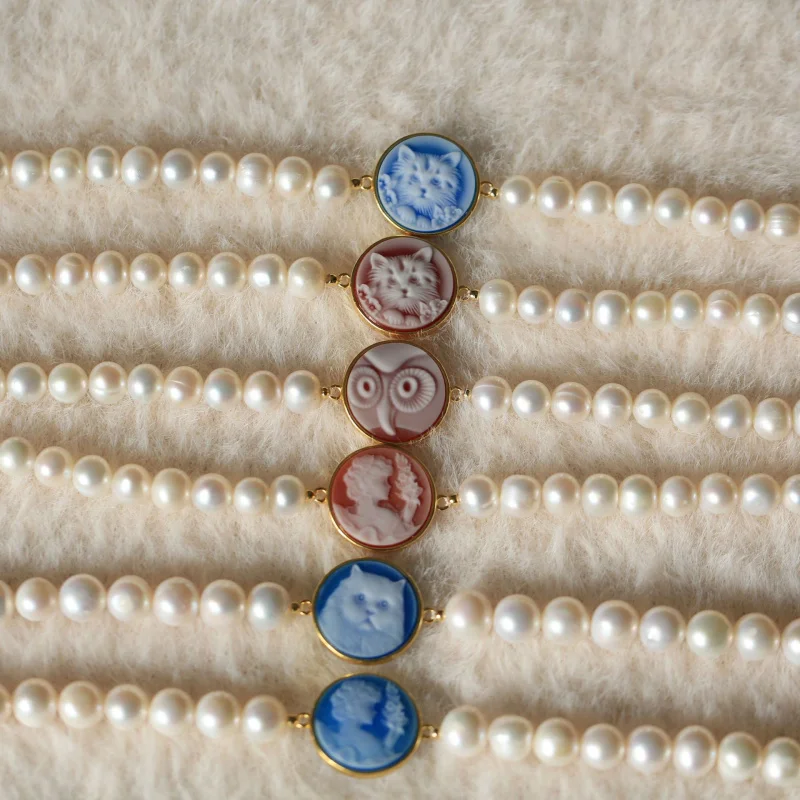 

925Silver Inlaid Cameo Agate Natural Pearl Bracelet Gift Box Birthday Present