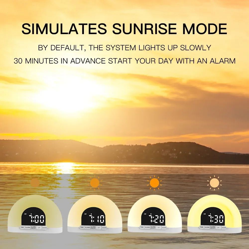 Electronic Wake  Light Alarm Clock With Sunrise/Sunset Simulation Dual Alarms FM Radio Snooze  Atmosphere Lamp Night Lights