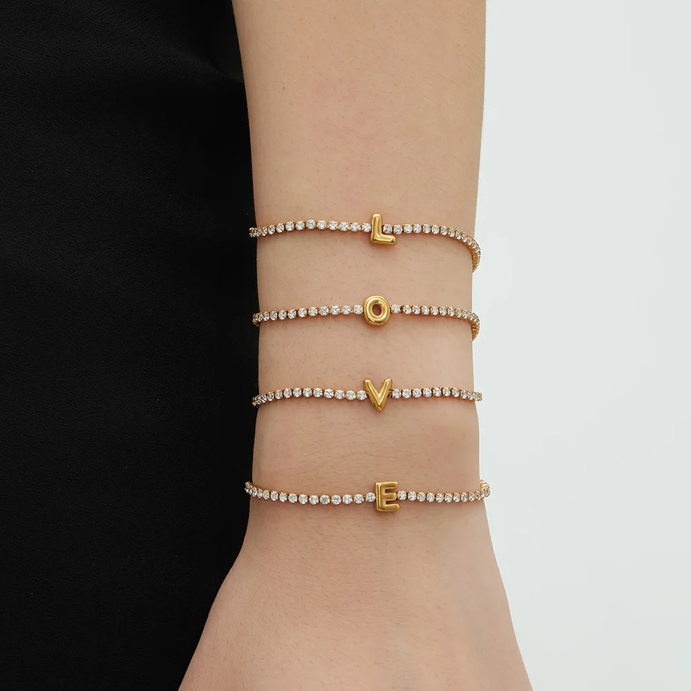 Liora Full Cubic Zirconia Chain Tennis Bracelets for Women Stainless Steel Capital Letter Charm Pulsera Wedding Bridal Jewelry