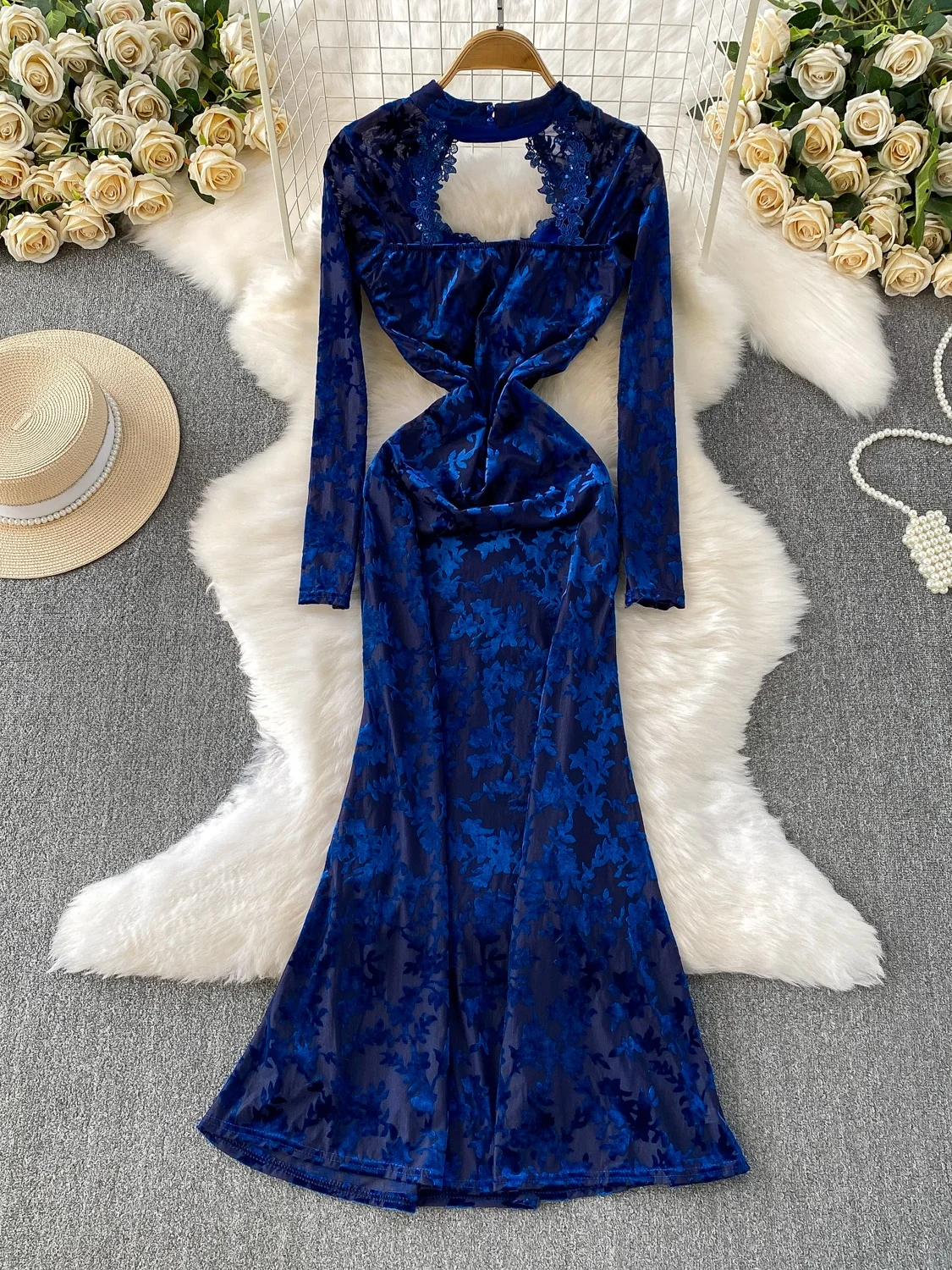 E Vestido Largo de Encaje Calado con Cuello Redondo y Rell para Mujer, Vestido Largo de Terciopelo con Flores Quema...