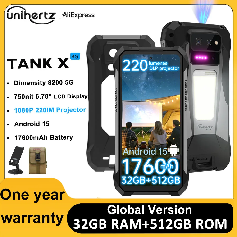 Unihertz 8849 TANK X 5G Smartphone 32+512GB Built-in 1080P 220 Lumen Projector 50MP+64MP Camera Android 15 17600mAh Battery NFC