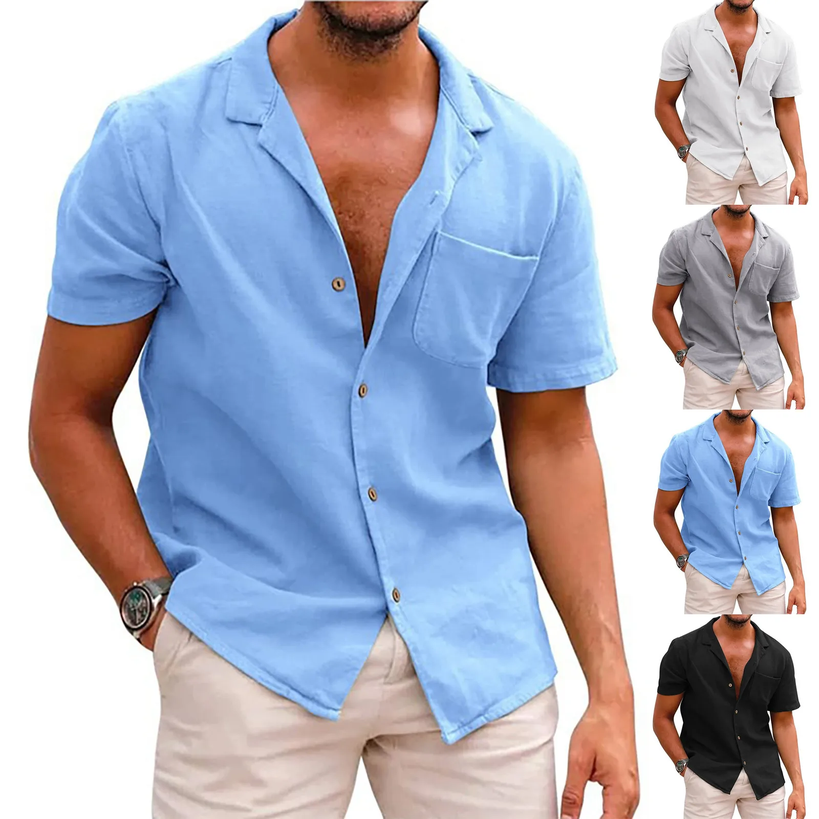 Men Short Sleeve Shirts Summer Causal Fashion Cotton Linen Solid Color Shirts Daily Simple Classic All-Match Blouse Tops