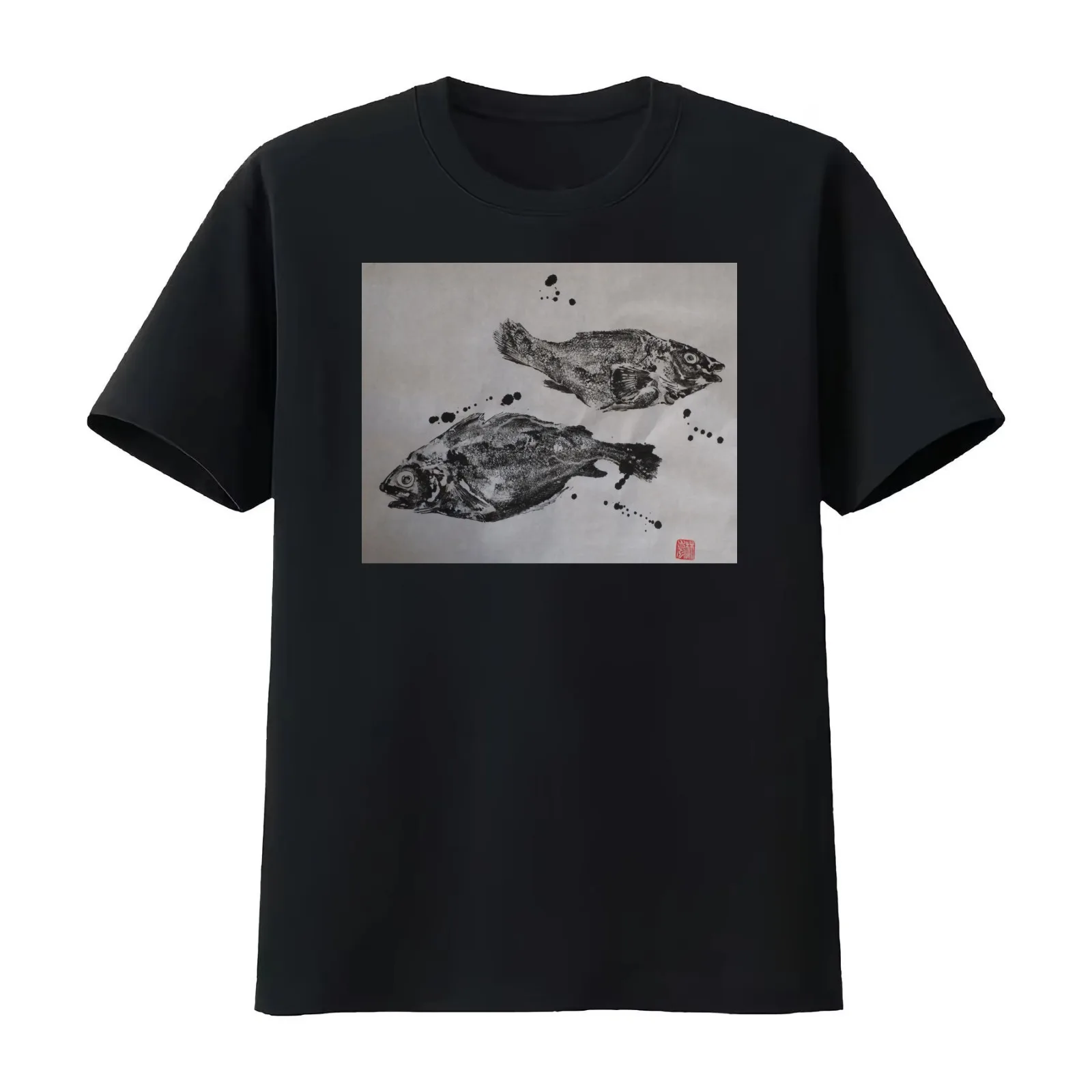 Gyotaku poisson T-Shirt Summer Casual Cotton Tee Oversized Streetwear Tops Vintage Graphic Print Loose Fit Short Sleeve